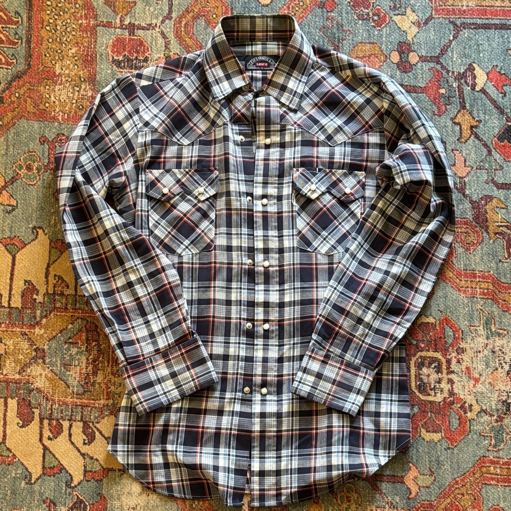 Men's Plaid Button-Down Shirt - Blue, White, and Red